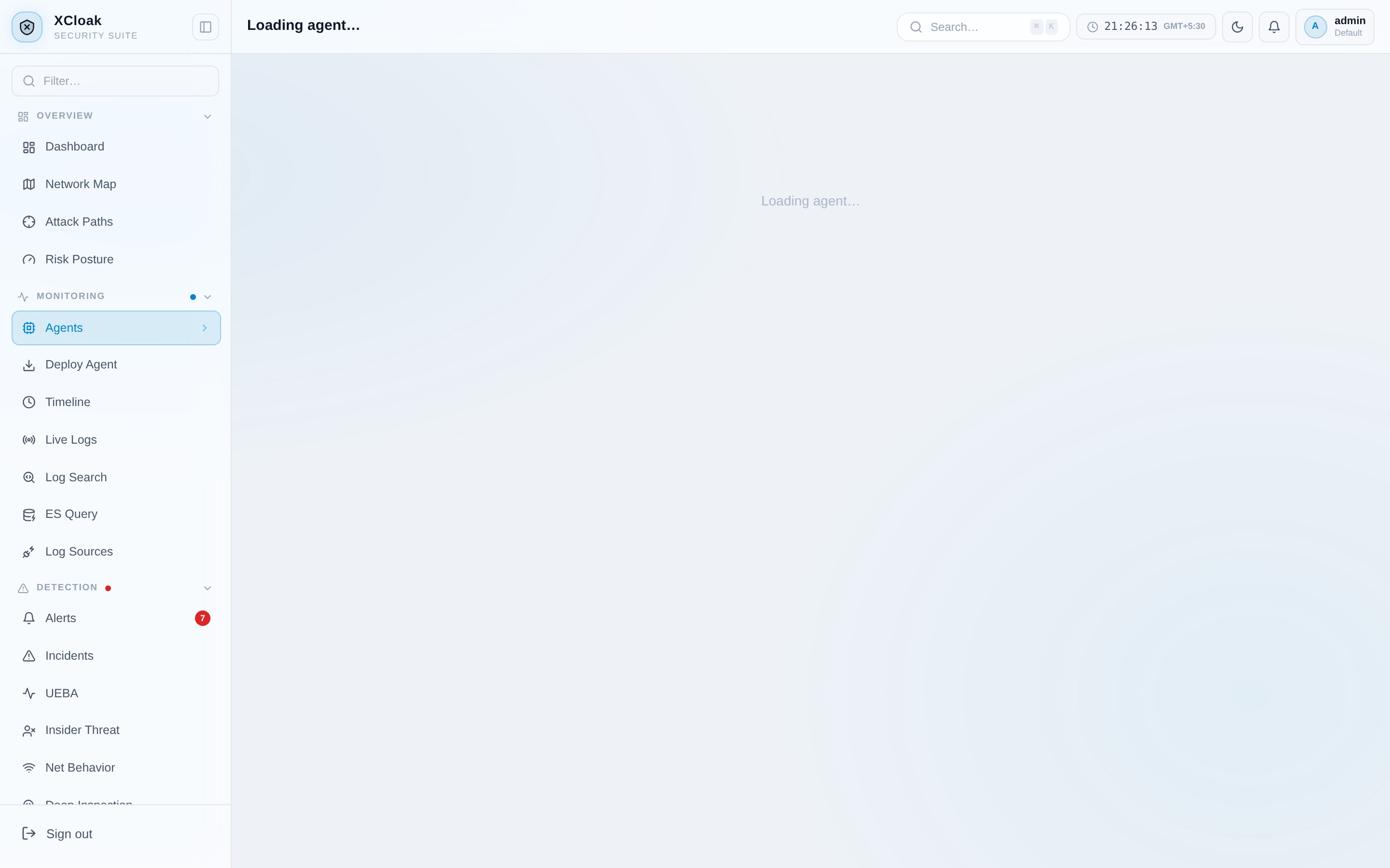 XCloak agent detail page showing process, connection, and alert telemetry for a single endpoint