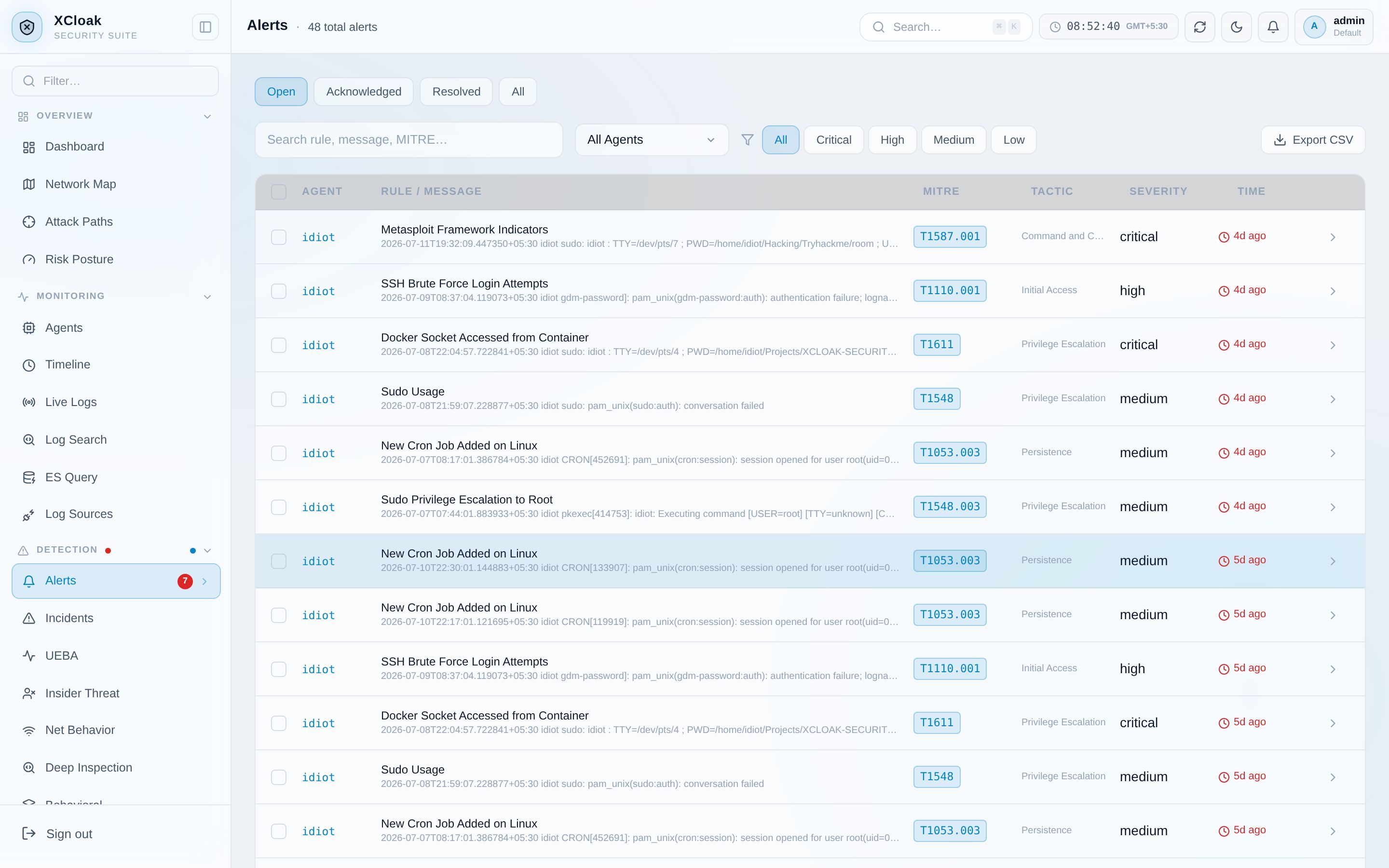 XCloak alerts page with MITRE ATT&CK context and AI triage panel