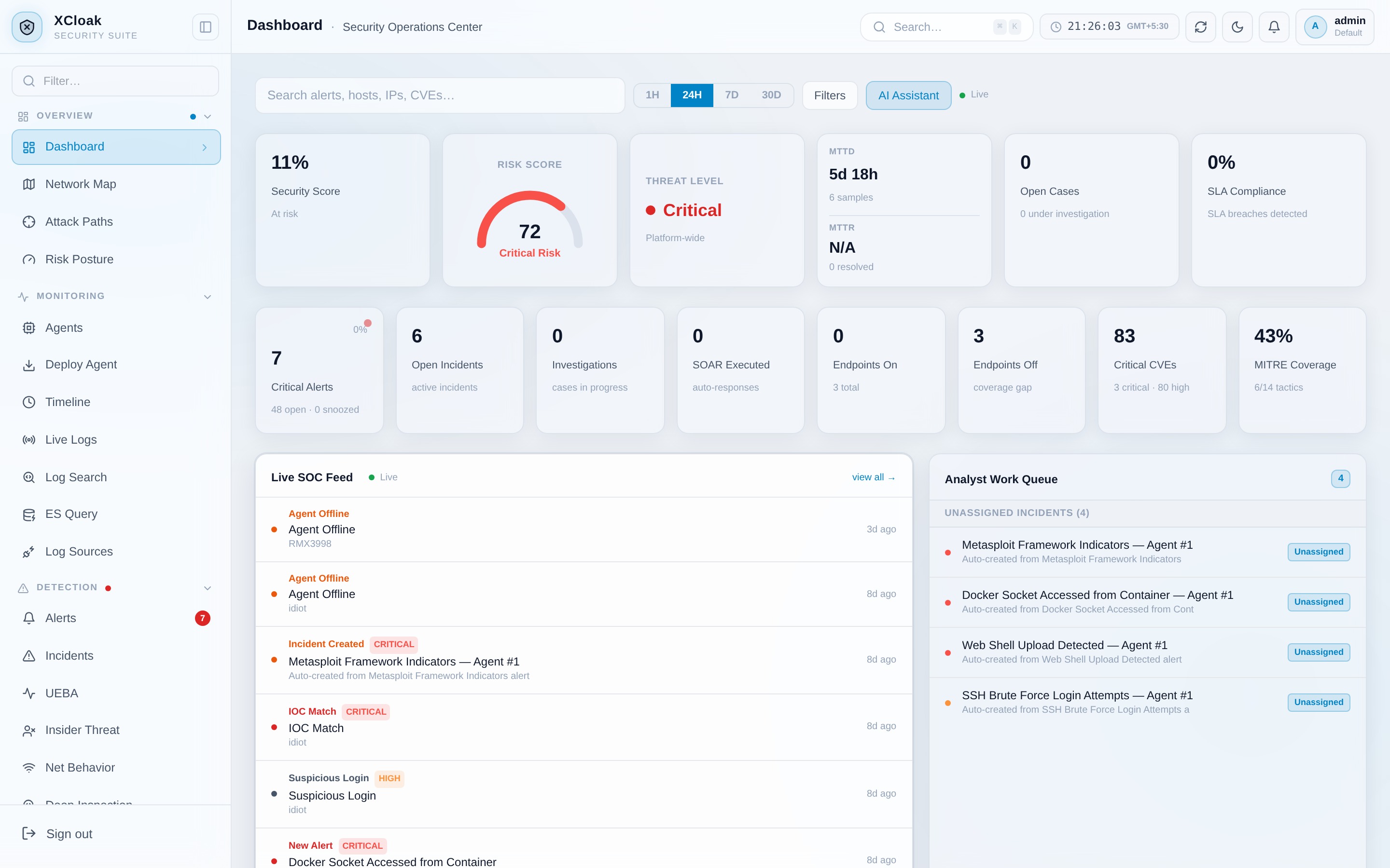 XCloak security operations dashboard showing live alerts, agent status, and threat score