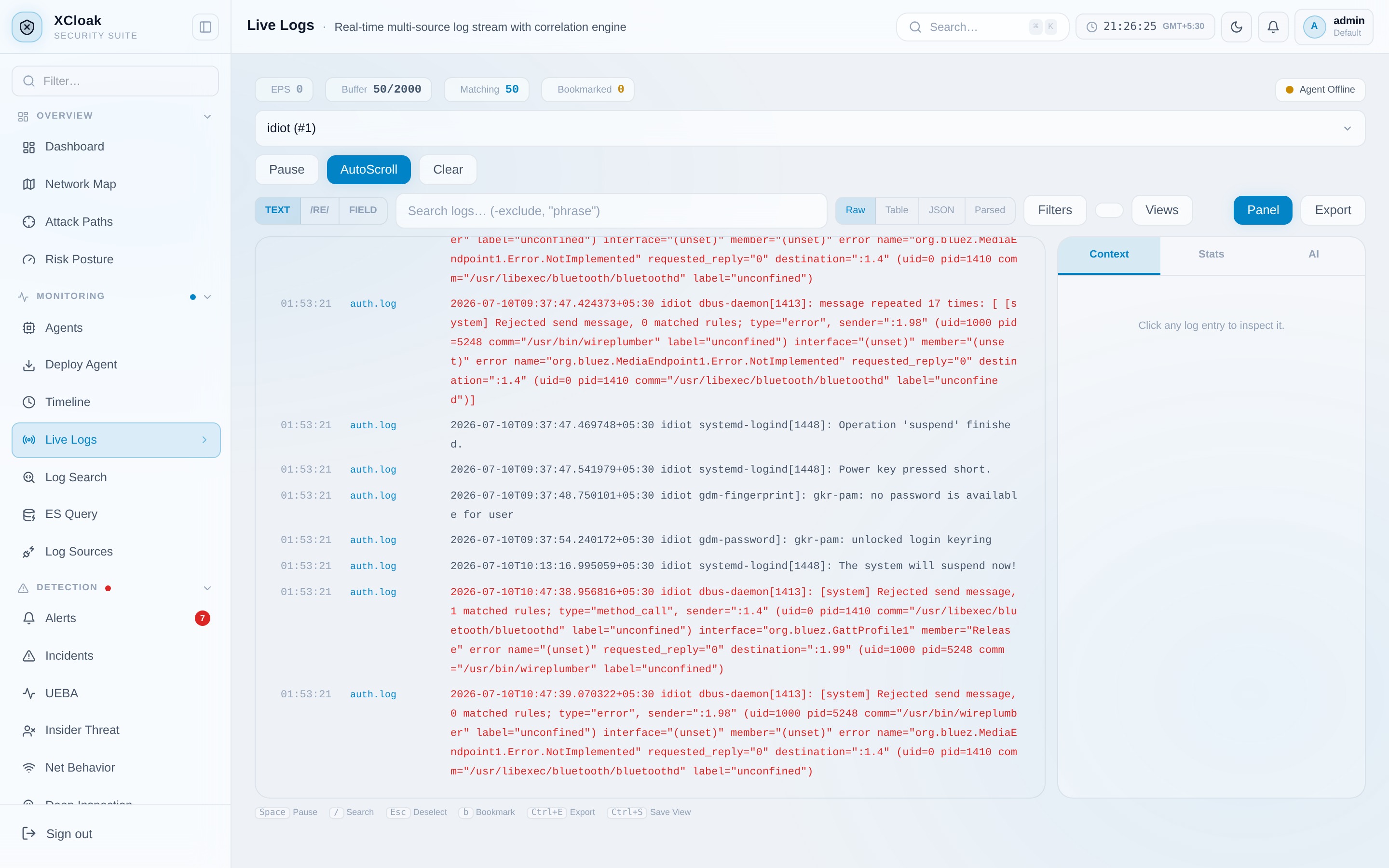 XCloak live log stream with real-time field extraction