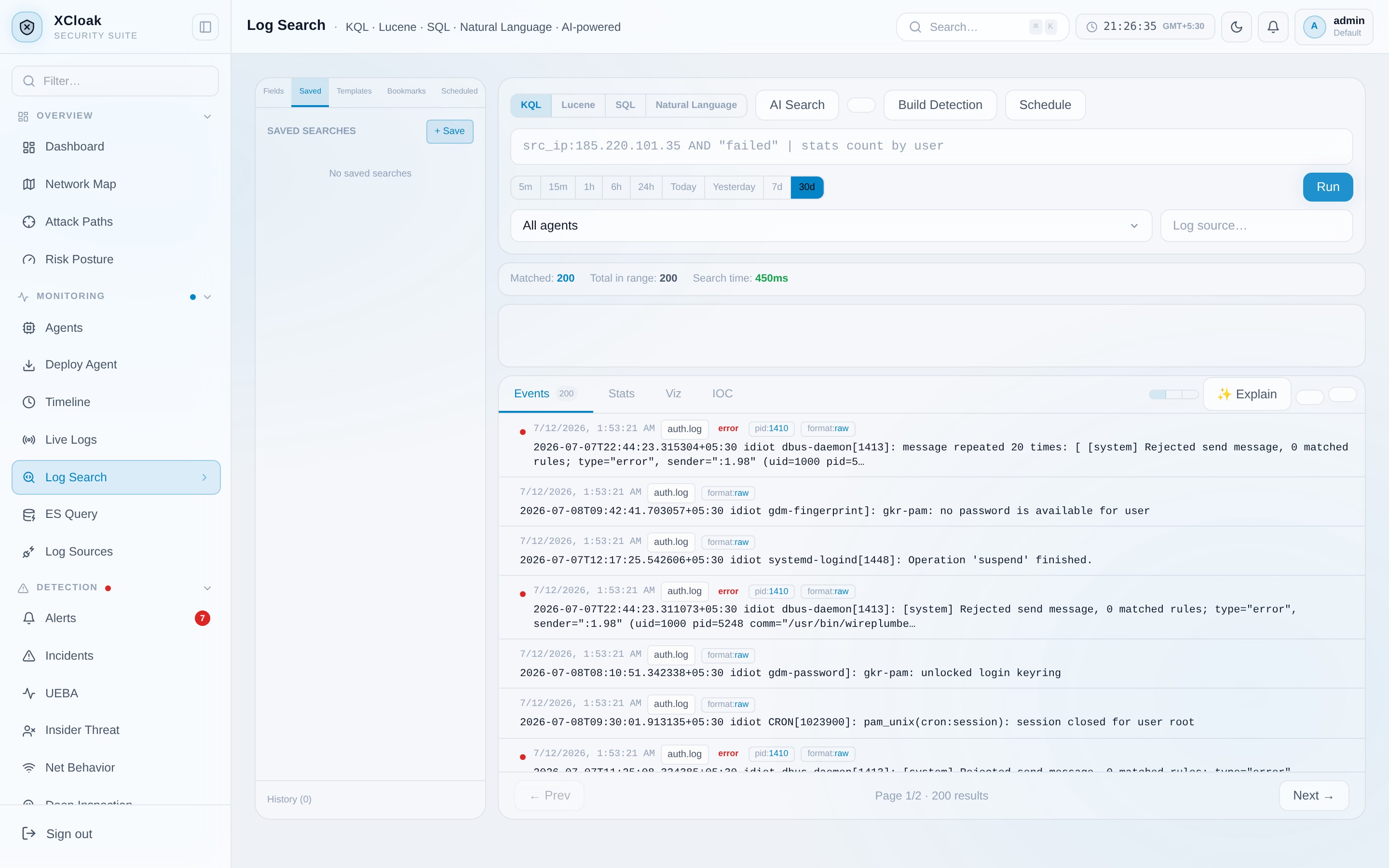 XCloak log search across stored telemetry